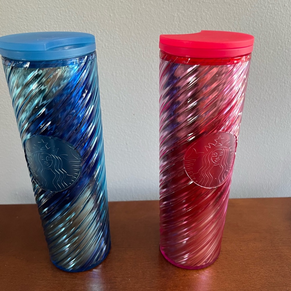Brand new Starbucks red and blue ribbon tumblers. 16oz. NWT